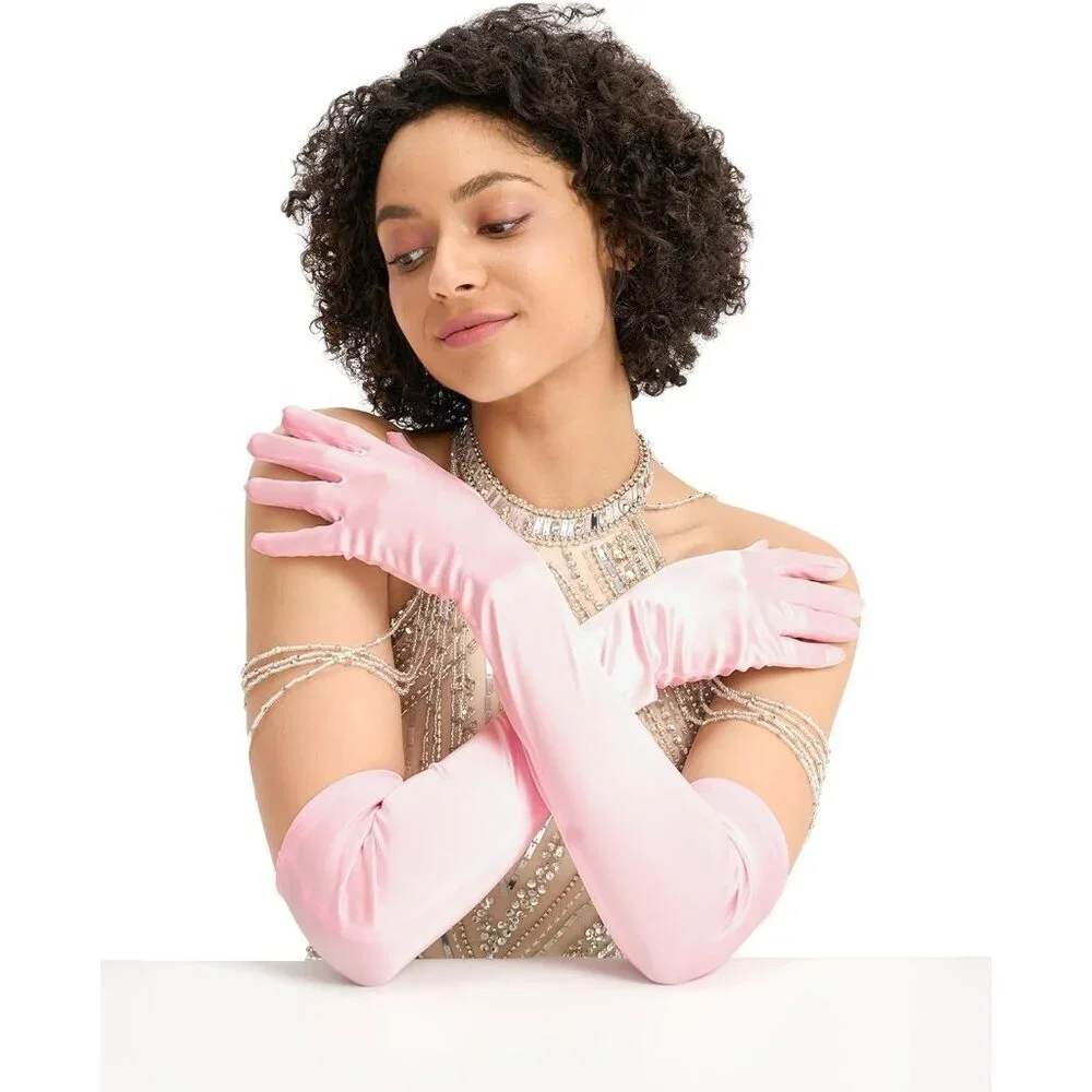 Women's Evening Pink Long Satin Gloves Elbow Length Formal Party Prom Wear